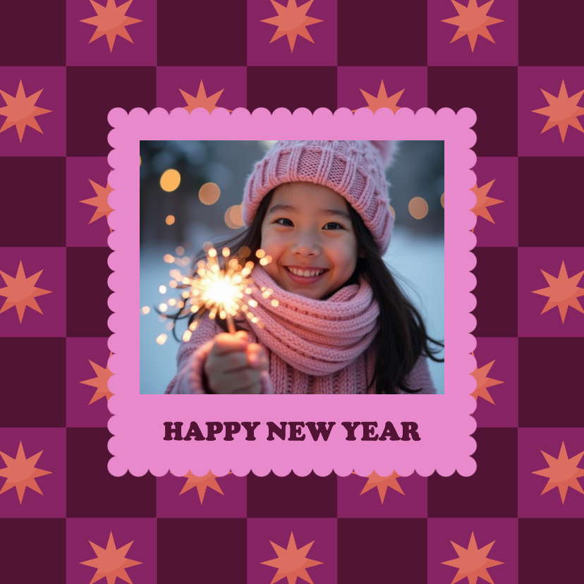 Foto-Neujahrskarte Karomuster Sterne rosa - Neujahrskarten Neujahrskarten - Foto-Neujahrskarte Karomuster Sterne rosa