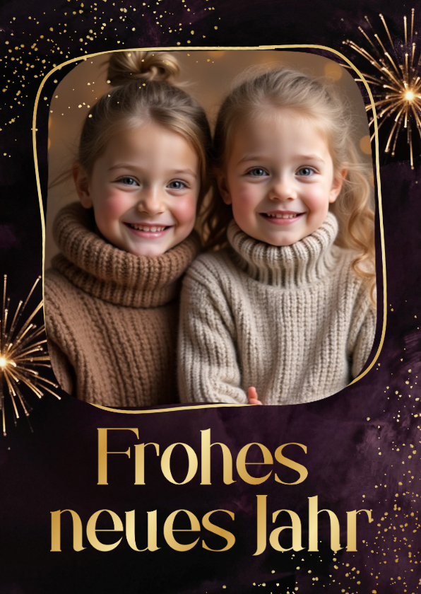Foto-Neujahrskarte Lila Feuerwerk Goldrahmen - Neujahrskarten Neujahrskarten - Foto-Neujahrskarte Lila Feuerwerk Goldrahmen