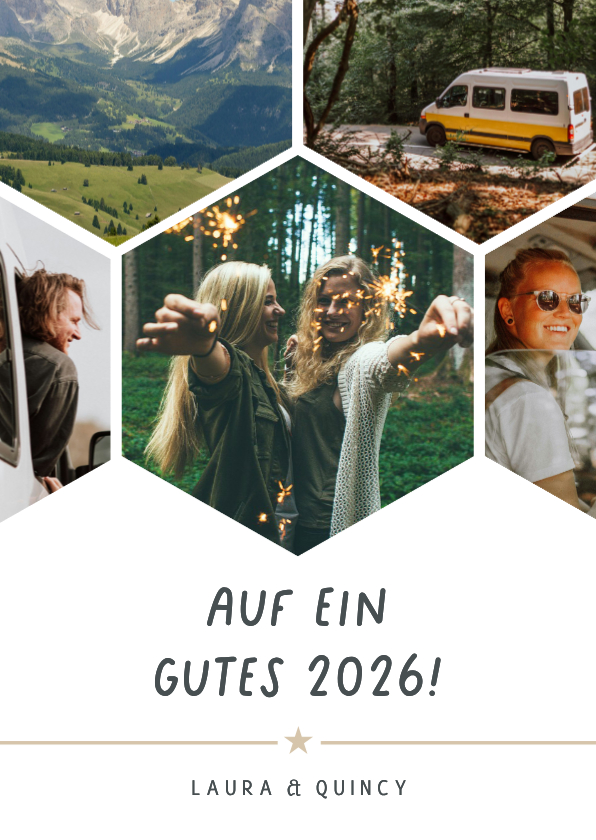 Fotocollage Hexagon Neujahrskarte 'Auf 2026' - Neujahrskarten Neujahrskarten - Fotocollage Hexagon Neujahrskarte 'Auf 2026'