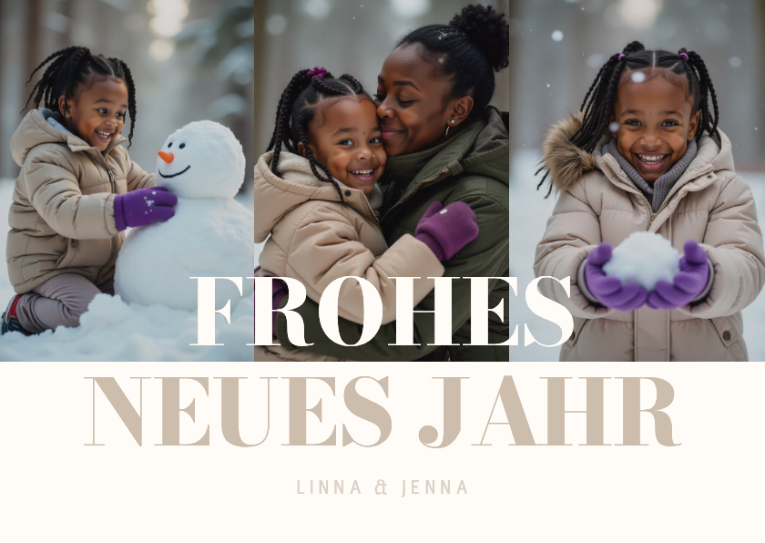 Neujahrskarten - Fotocollage-Karte 'Frohes neues Jahr' 3 Fotos Beige