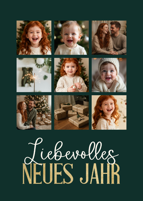 Neujahrskarten - Fotocollage Neujahrskarte 9 Fotos Grid dunkelgrün