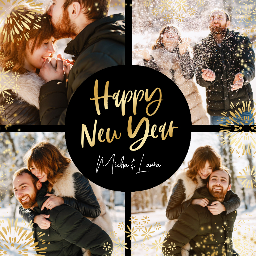 Fotocollage Neujahrskarte mit Feuerwerk und 4 Fotos - Neujahrskarten Neujahrskarten - Fotocollage Neujahrskarte mit Feuerwerk und 4 Fotos