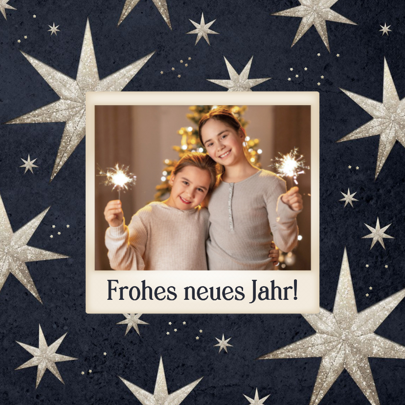Fotokarte 'Frohes neues Jahr' Faltsterne silber blau - Neujahrskarten Neujahrskarten - Fotokarte 'Frohes neues Jahr' Faltsterne silber blau