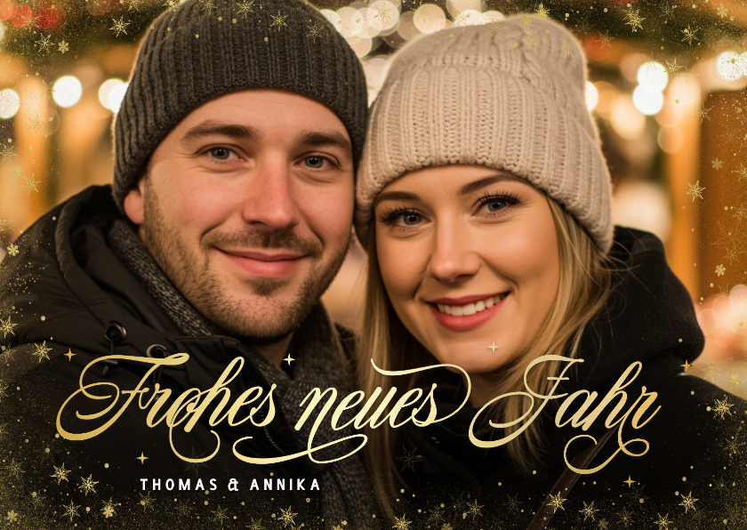 Neujahrskarten - Fotokarte Neujahrsgrüße Goldsternenrand Schriftzug