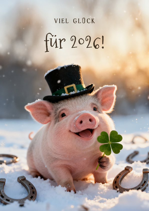 Glücksbringerkarte Neujahr Schweinchen mit Kleeblatt - Neujahrskarten Neujahrskarten - Glücksbringerkarte Neujahr Schweinchen mit Kleeblatt