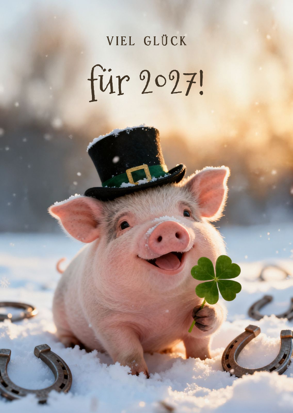 Neujahrskarten - Glücksbringerkarte Neujahr Schweinchen mit Kleeblatt