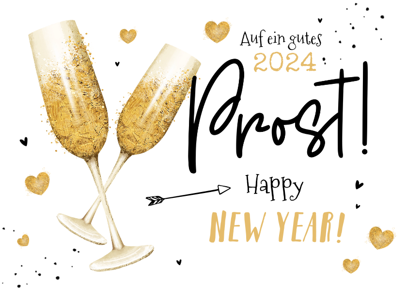 Neujahrskarten - Grußkarte Neujahr Sektgläser und Herzchen