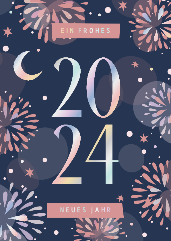 Neujahrskarten - Moderne Neujahrskarte 2024 Mond & Feuerwerk