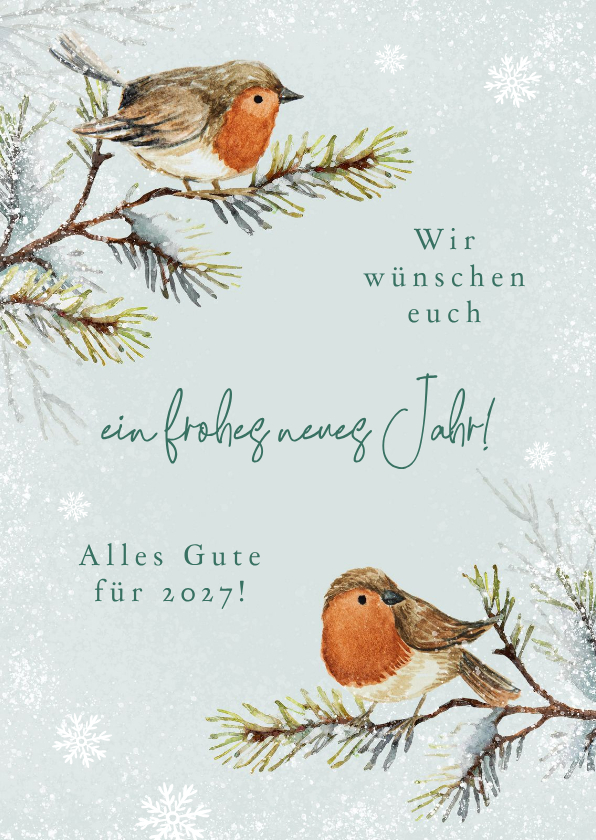 Neujahrsgrüße Rotkehlchen auf Zweigen - Neujahrskarten Neujahrskarten - Neujahrsgrüße Rotkehlchen auf Zweigen