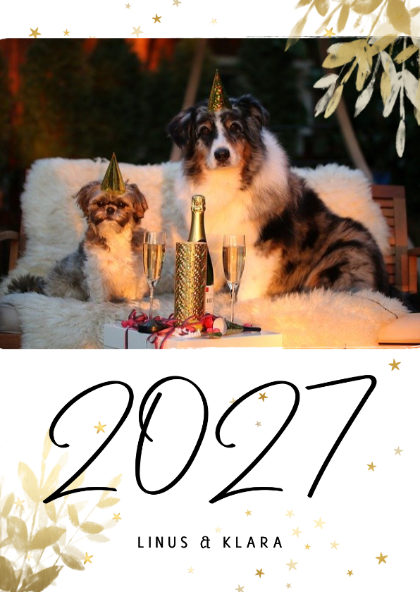 Neujahrsgruß 2027 Goldlook botanisch mit Foto - Neujahrskarten Neujahrskarten - Neujahrsgruß 2027 Goldlook botanisch mit Foto