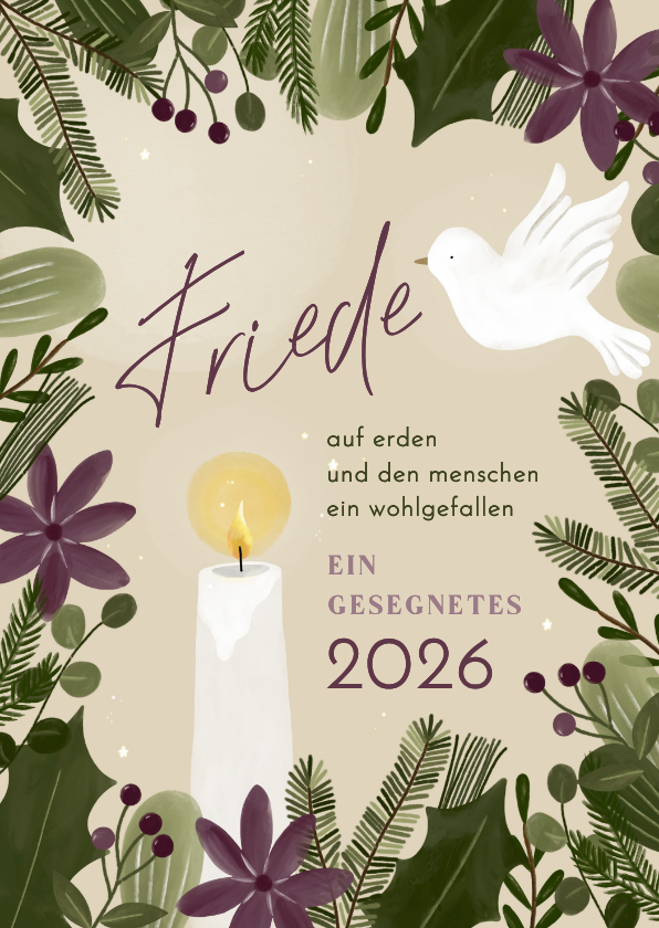 Neujahrskarten - Neujahrsgrußkarte christlich mit Taube und Kerze