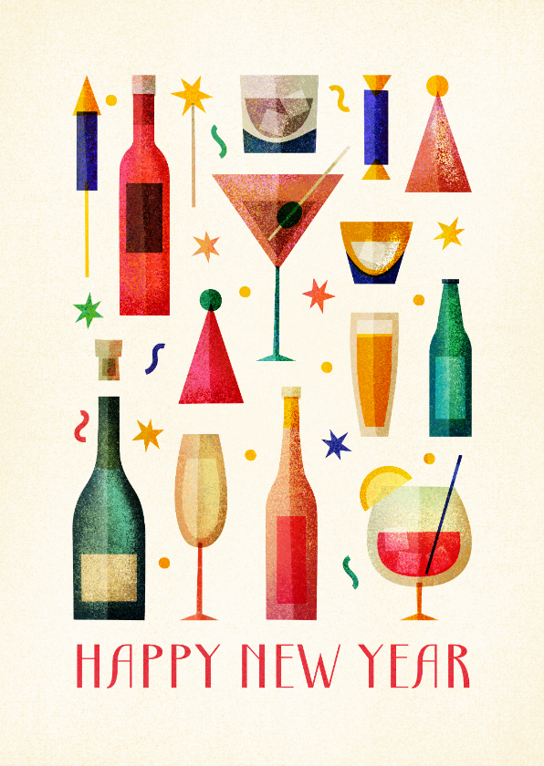 Neujahrskarten - Neujahrskarte bunte Gläser 'Happy New Year'