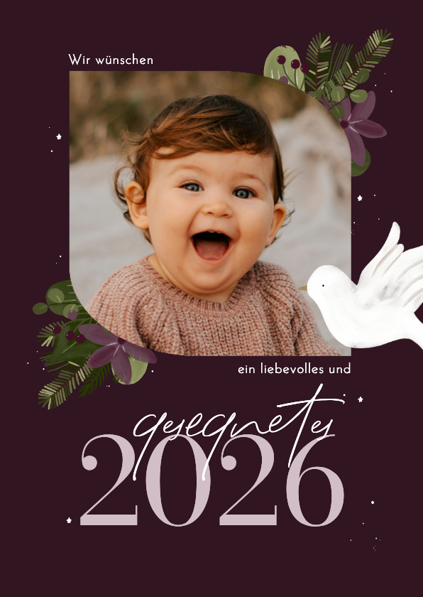 Neujahrskarte christlich Taube und Zweige mit Foto lila - Neujahrskarten Neujahrskarten - Neujahrskarte christlich Taube und Zweige mit Foto lila