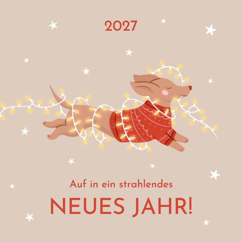 Neujahrskarte Dackel im Pulli mit Lichterkette - Neujahrskarten Neujahrskarten - Neujahrskarte Dackel im Pulli mit Lichterkette