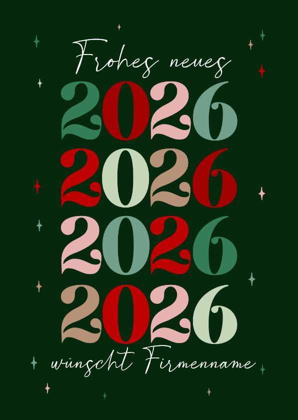 Neujahrskarten - Neujahrskarte dunkelgrün Sternchen Firma 2026 bunt