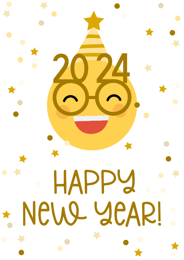 Neujahrskarte Emoji mit Brille und 2024 Send a Smile