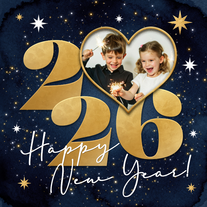 Neujahrskarten - Neujahrskarte Foto in herz 2026 gold auf blau Sternchen