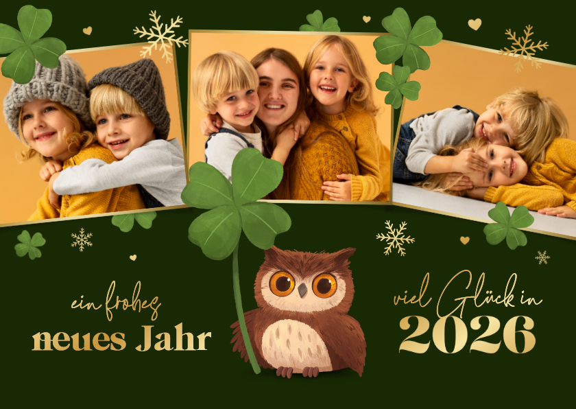Neujahrskarten - Neujahrskarte Fotocollage Eule Kleeblättern 