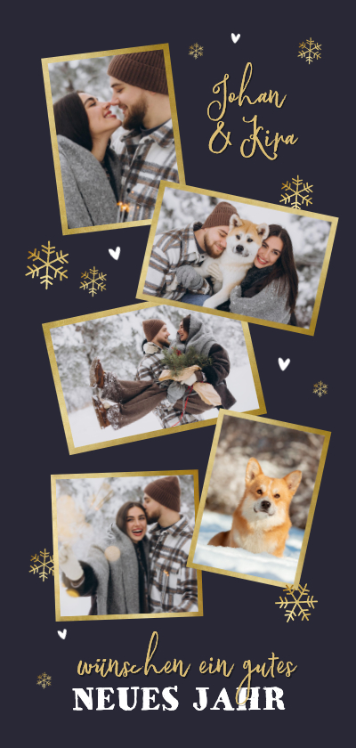 Neujahrskarten - Neujahrskarte Fotocollage Hochformat goldene Schneeflocken