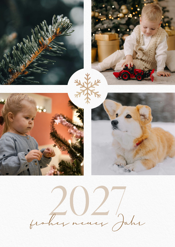 Neujahrskarte Fotocollage Schneeflocke Gold 2027 - Neujahrskarten Neujahrskarten - Neujahrskarte Fotocollage Schneeflocke Gold 2027