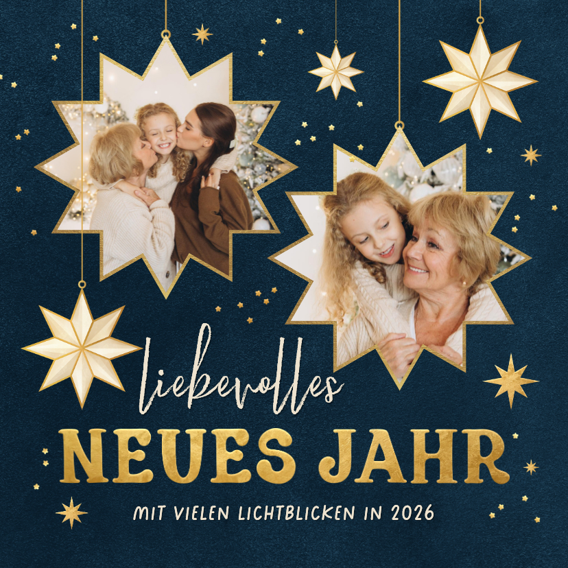 Neujahrskarte Fotocollage Sterne 'liebevolles neues Jahr' - Neujahrskarten Neujahrskarten - Neujahrskarte Fotocollage Sterne 'liebevolles neues Jahr'