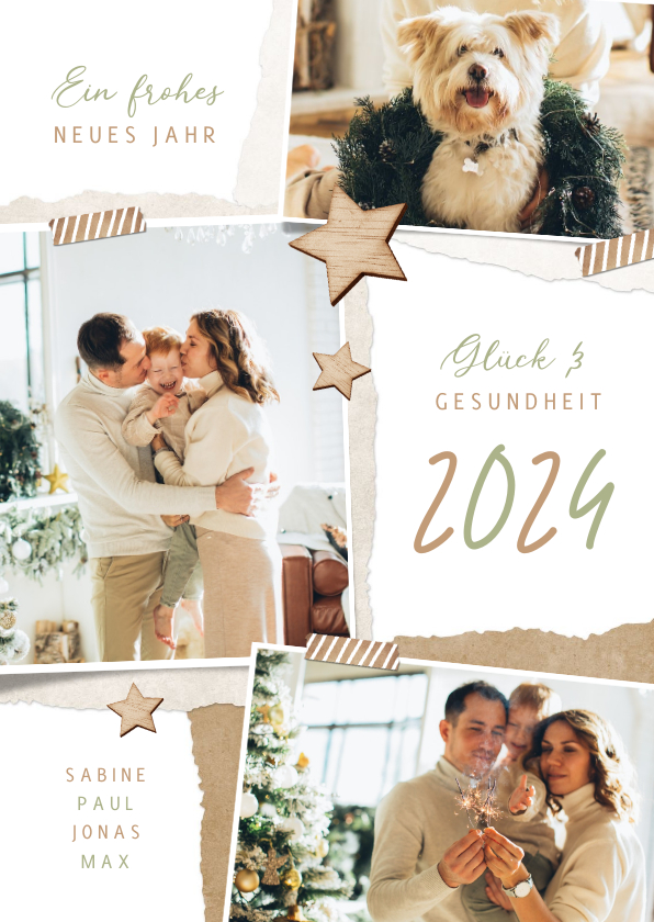 Neujahrskarten - Neujahrskarte Fotocollage und Holzsterne