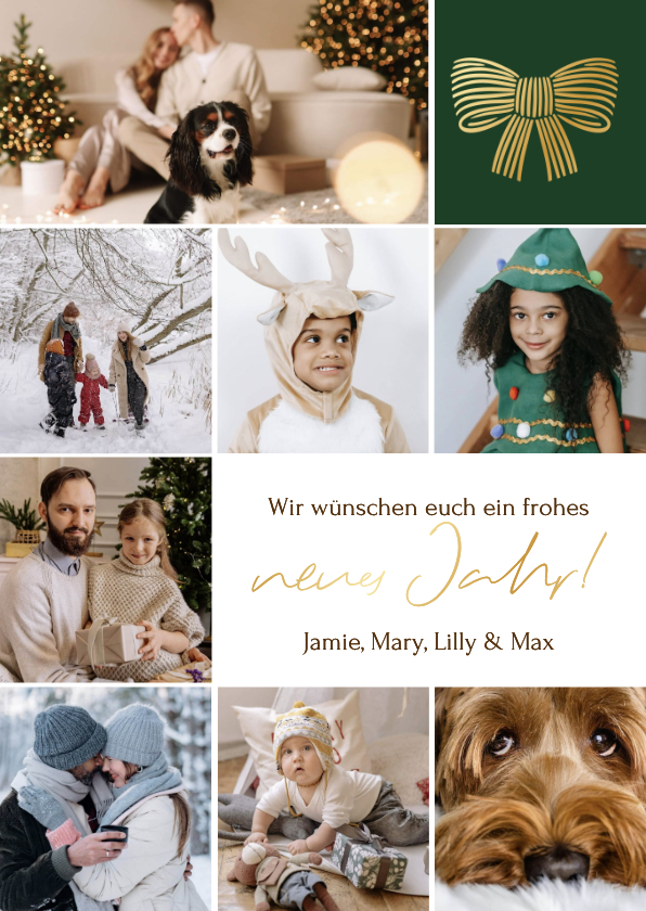 Neujahrskarte Fotoraster mit goldener Schleife 8 Fotos - Neujahrskarten Neujahrskarten - Neujahrskarte Fotoraster mit goldener Schleife 8 Fotos
