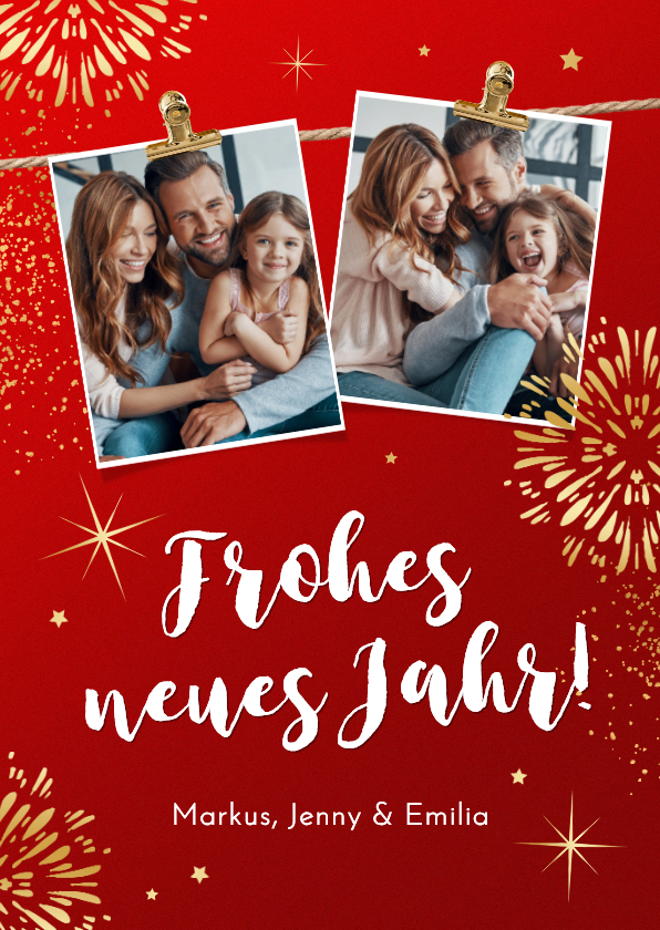 Neujahrskarte Fotos & Feuerwerk in Gold - Neujahrskarten Neujahrskarten - Neujahrskarte Fotos & Feuerwerk in Gold
