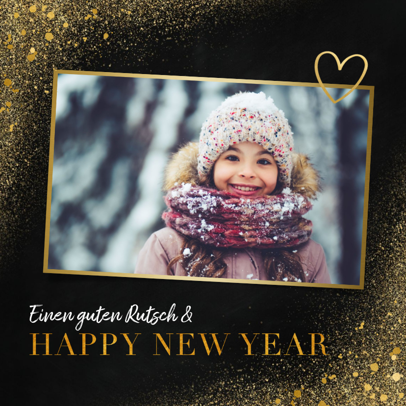 Neujahrskarten - Neujahrskarte Goldlook mit Foto & Herz