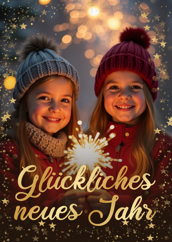 Neujahrskarten - Neujahrskarte großes Foto Goldschrift und Sternchen