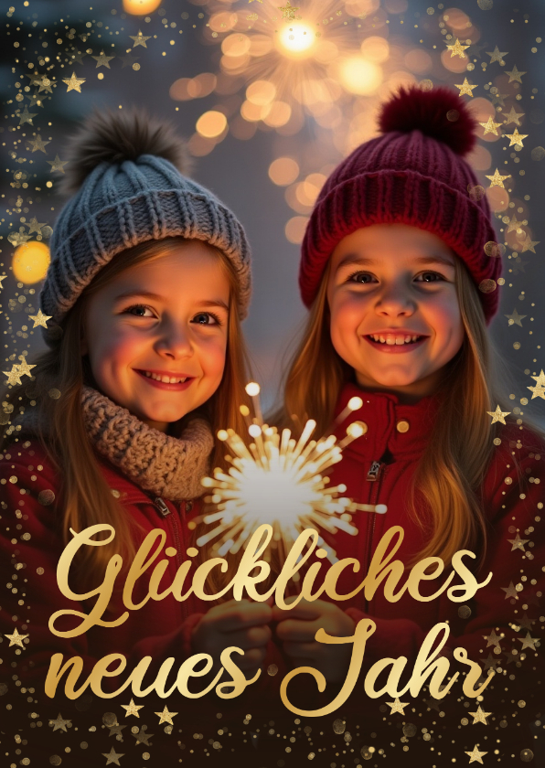 Neujahrskarten - Neujahrskarte großes Foto Goldschrift und Sternchen