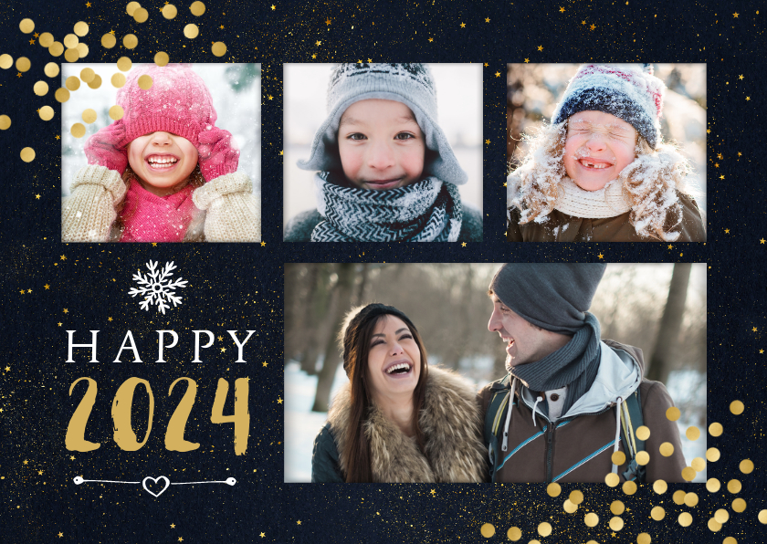 Neujahrskarten - Neujahrskarte "Happy 2024" mit vier Fotos und Konfetti