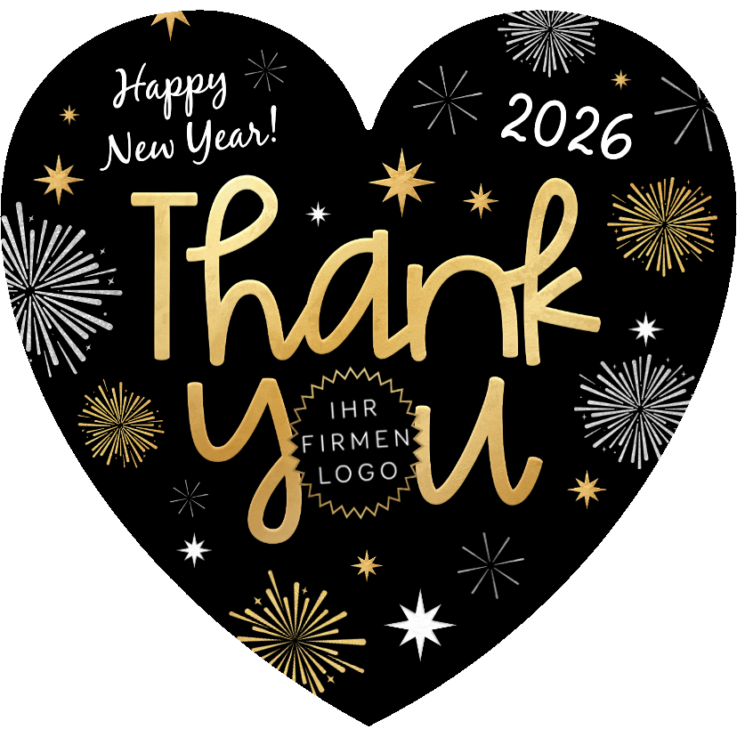 Neujahrskarten - Neujahrskarte Herzform 'Thank you' Feuerwerk geschäftlich