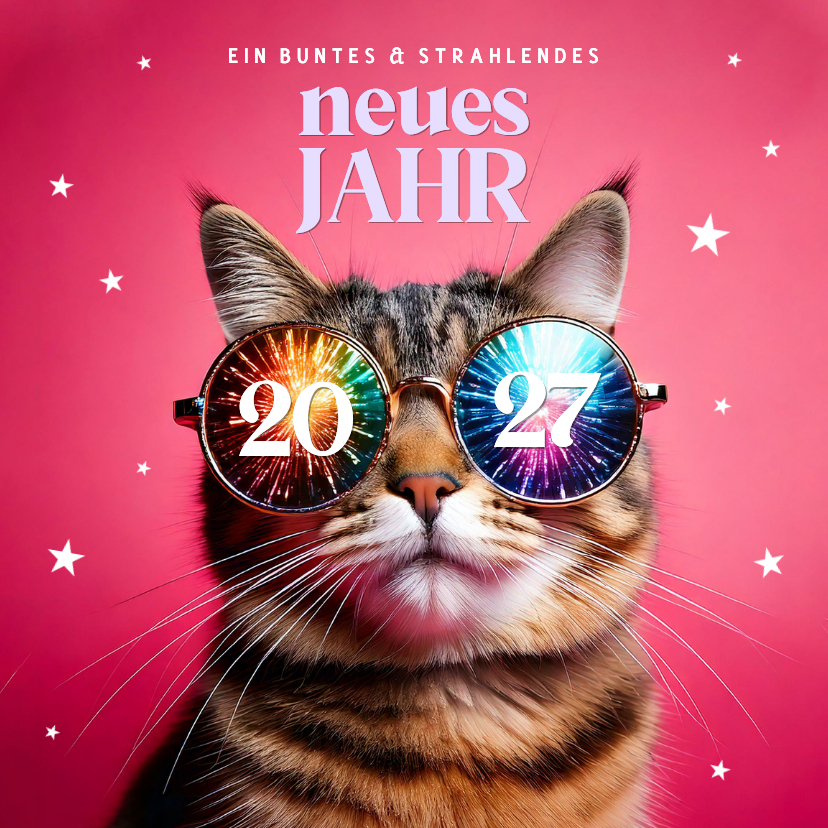 Neujahrskarte Katze mit Feuerwerk-Sonnenbrille - Neujahrskarten Neujahrskarten - Neujahrskarte Katze mit Feuerwerk-Sonnenbrille