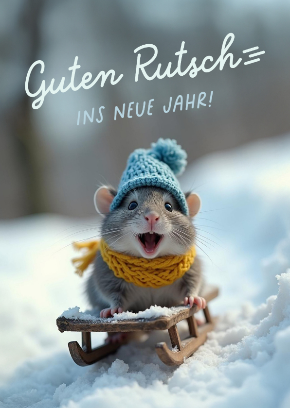 Neujahrskarte lustige Maus auf Schlitten - Neujahrskarten Neujahrskarten - Neujahrskarte lustige Maus auf Schlitten