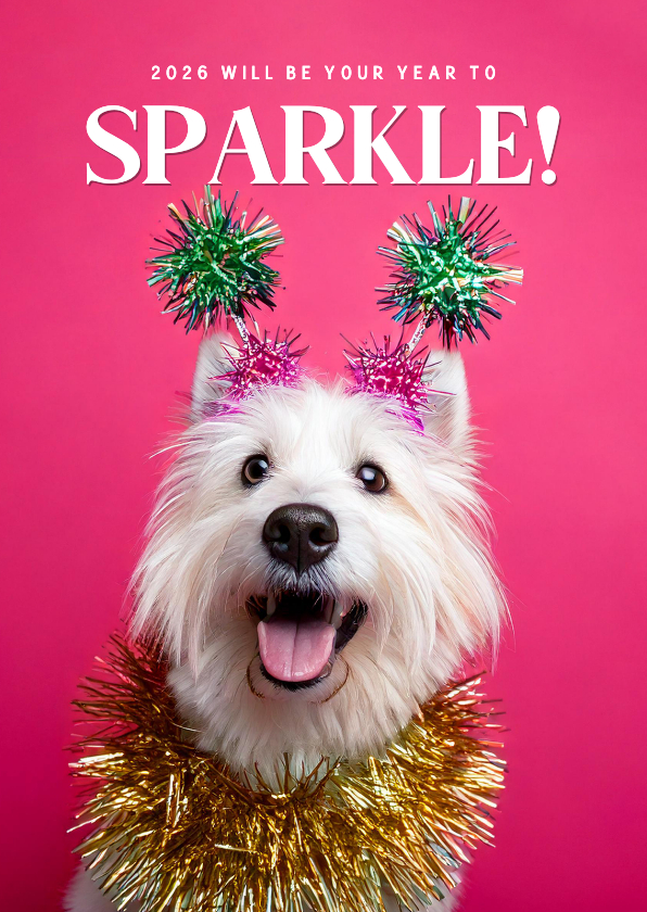 Neujahrskarte lustiger Hund 'Sparkle' auf Rosa - Neujahrskarten Neujahrskarten - Neujahrskarte lustiger Hund 'Sparkle' auf Rosa