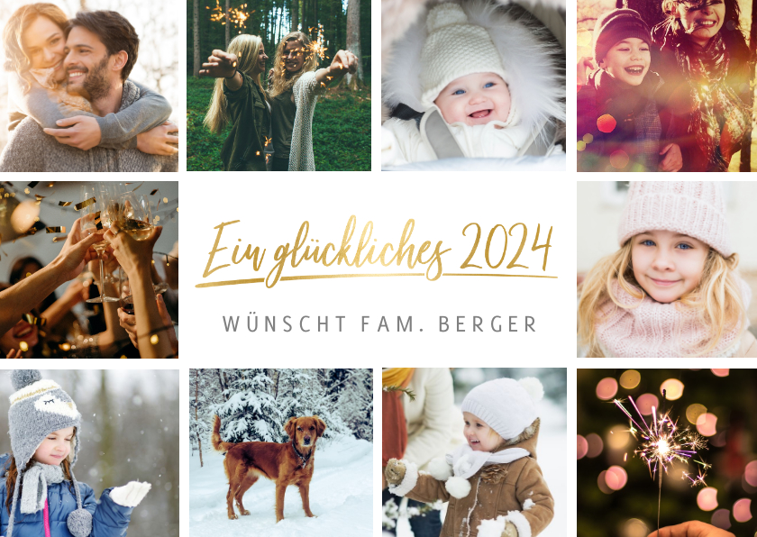 Neujahrskarten - Neujahrskarte mit eigenen Fotos und Schriftzug in Goldlook