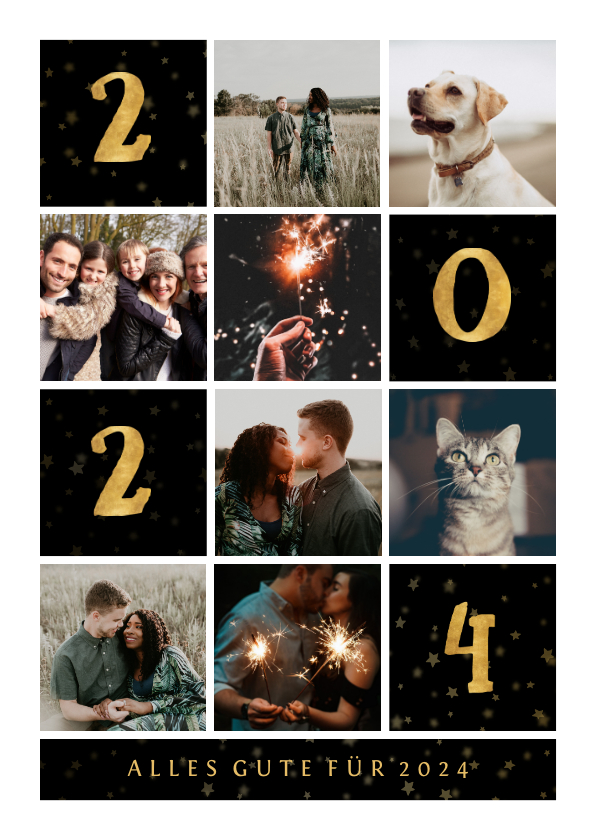 Neujahrskarten - Neujahrskarte mit kleinen Fächern, Fotos und goldener 2024