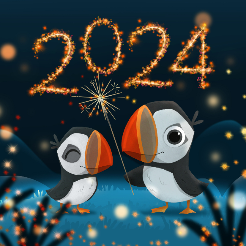 Neujahrskarten - Neujahrskarte Papageientaucher Feuerwerk