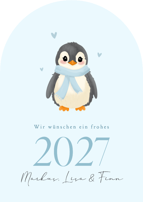 Neujahrskarte Pinguin mit Schal hellblau 2027 - Neujahrskarten Neujahrskarten - Neujahrskarte Pinguin mit Schal hellblau 2027