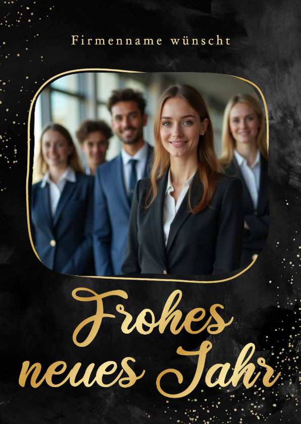 Neujahrskarten - Neujahrskarte Schwarz Foto goldener Rahmen Kleckse
