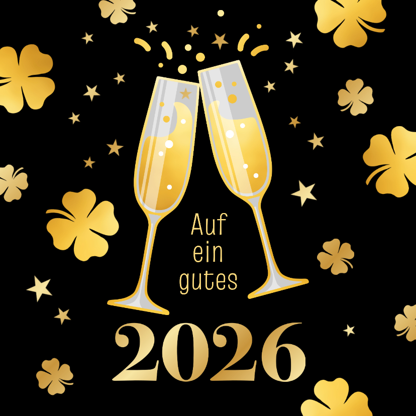 Neujahrskarte Sektgläser & Kleeblätter gold - Neujahrskarten Neujahrskarten - Neujahrskarte Sektgläser & Kleeblätter gold