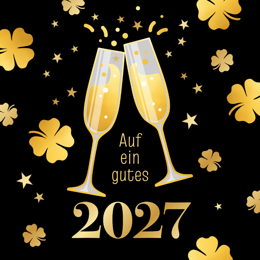 Neujahrskarte Sektgläser & Kleeblätter gold - Neujahrskarten Neujahrskarten - Neujahrskarte Sektgläser & Kleeblätter gold