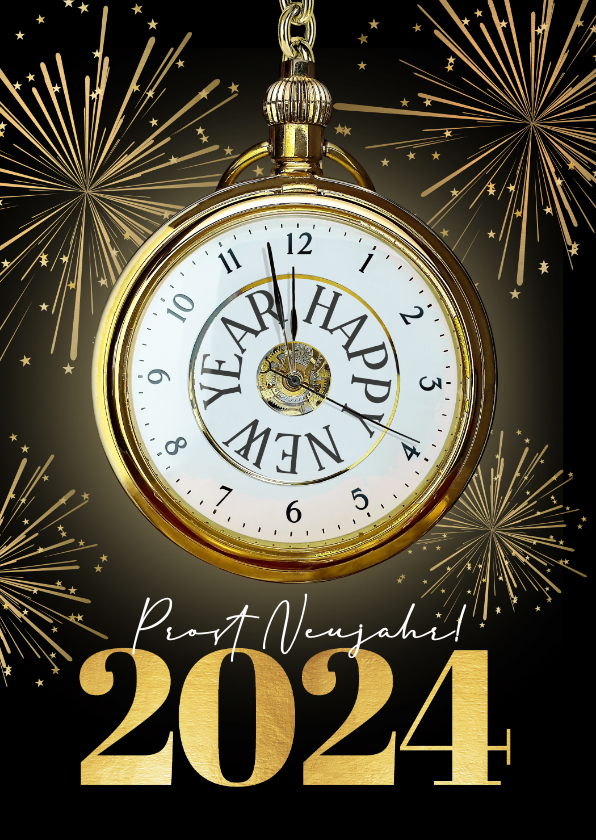 Neujahrskarten - Neujahrskarte Uhr und Feuerwerk