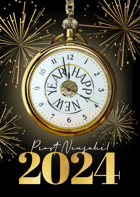 Neujahrskarten - Neujahrskarte Uhr und Feuerwerk
