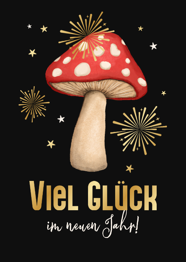 Neujahrskarte 'Viel Glück' Fliegenpilz mit Feuerwerk - Neujahrskarten Neujahrskarten - Neujahrskarte 'Viel Glück' Fliegenpilz mit Feuerwerk