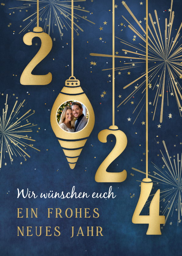 Neujahrskarten - Neujahrskarte Weihnachtskugeln mit Foto '2024'