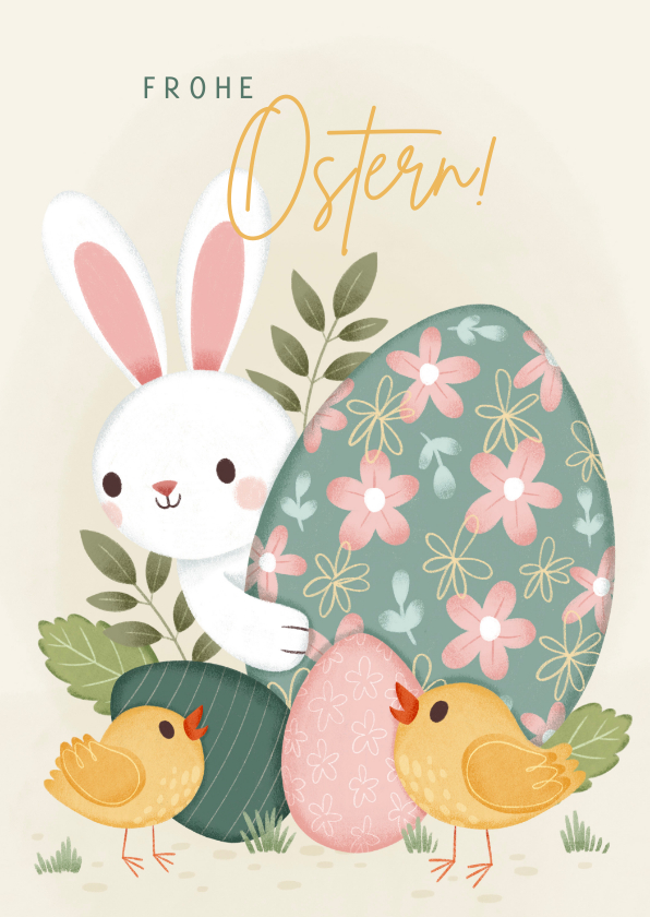 Osterkarten - Grußkarte Ostern Hase, Eier & Küken
