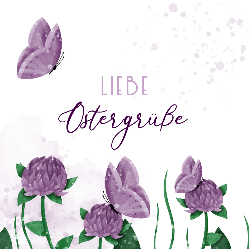 Osterkarten - Ostergrußkarte lila Klee & Schmetterlinge