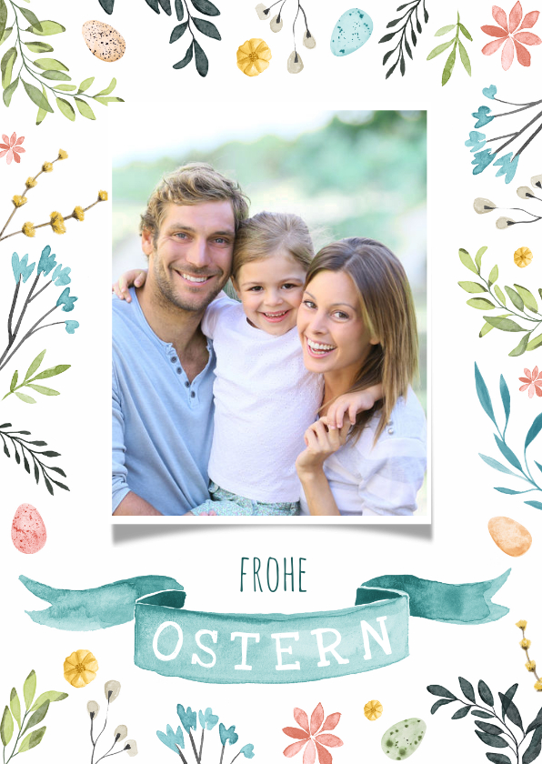 Osterkarten - Osterpostkarte mit Foto und Rahmen aus Blumen